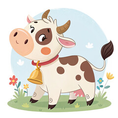 Cute cartoon cow with bell on transparent background for farm illustrations, kids posters, dairy branding and educational projects