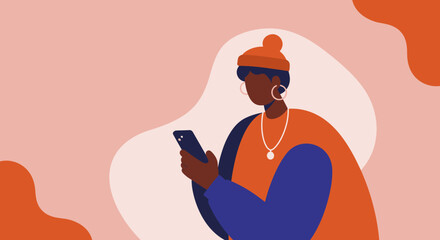 A stylish flat design illustration depicts a modern woman engaging with her smartphone, perfect for contemporary digital marketing and web design concepts.