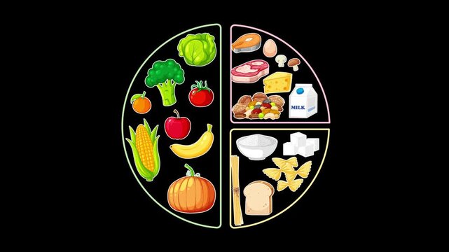 Animated Food Group Wheel Filling on Black Background