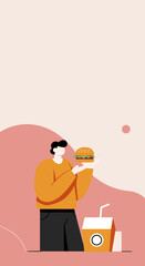 Modern flat illustration of a person holding a burger with a drink carton. Represents quick meals, fast food, and convenient dining. Perfect for lifestyle, food apps, and casual eating concepts.