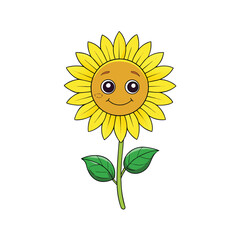 Fototapeta premium A vibrant single sunflower with detailed green leaves and a sturdy stem set against a clean white background