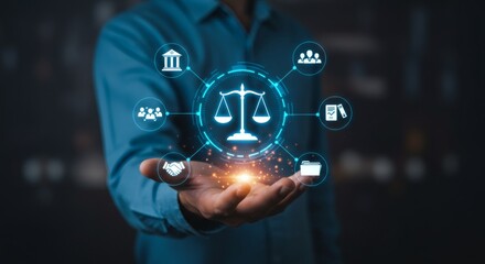 Digital Justice Law  Tech Icon in Hand.