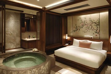 Luxury Asian Hotel Suite Stone Bathtub and Wood Bedroom