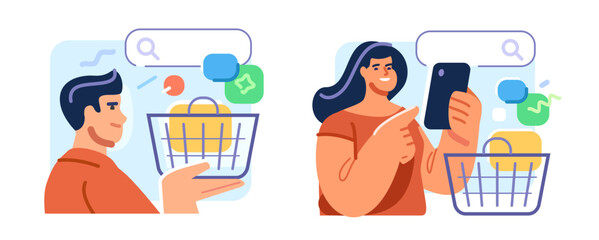 Shopping online on mobile concept. Store online. E-commerce and digital marketing on smartphone with shopping basket