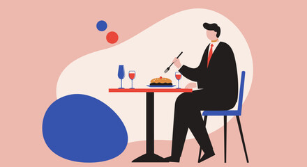 A businessman in a suit enjoys a meal and wine at a restaurant table. This illustration represents fine dining, solitary leisure, business travel, or a sophisticated lifestyle.