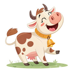 Cute cartoon cow with bell on transparent background for farm illustrations, kids posters, dairy branding and educational projects