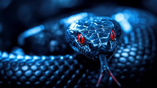Venomous black snake staring with glowing red eyes
