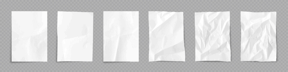 Paper sheets with wrinkles texture. Set of white empty vertical pages with smooth, folded, and wrinkled surfaces. Realistic vector illustration for notes, posters, or design mockups.
