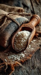 White rice in wooden scoop, burlap bags