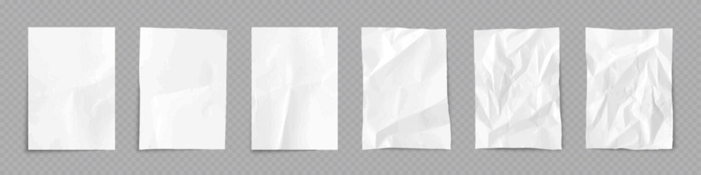 Paper sheets with wrinkles texture. Set of white empty vertical pages with smooth, folded, and wrinkled surfaces. Realistic vector illustration for notes, posters, or design mockups.