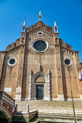 Facade of historic church in Venice, Italy