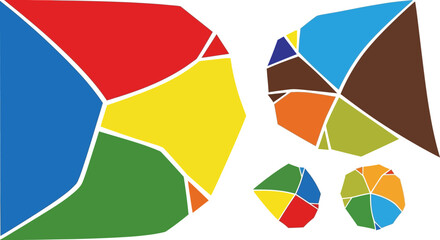 Fototapeta premium Colorful geometric shapes form abstract patterns and puzzle pieces on a white background.