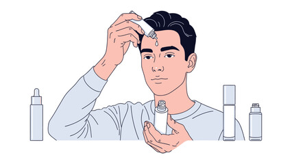 Young man applying facial serum from dropper bottle to forehead with skincare products arranged around him in a clean minimalist illustration style