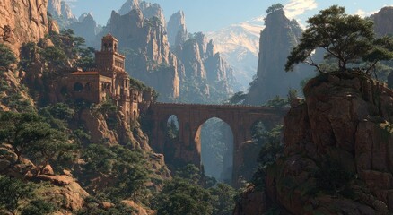 Mountain valley with ancient bridge and temple. Lush greenery, dramatic cliffs, and a serene atmosphere