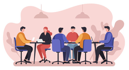 Team of diverse colleagues collaborating around a table with laptops in a modern office. Represents business meetings, teamwork, strategy, and productivity.