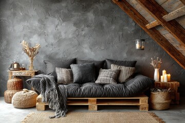 Rustic, cozy living room with a gray concrete wall and wooden pallet sofa