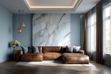 Modern living room with marble wall and leather sectional