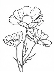 Minimilist outlined drawing of three flowers with petals and stems in a black and white floral illustration art vector