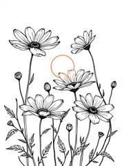 Minimilist elegant daisies with buds and leaves in a black and white sketch with a golden sun in the background vector