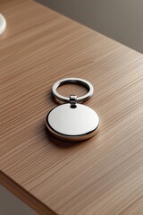 Sleek Minimalist Metal Keychain Mockup on Wooden Surface