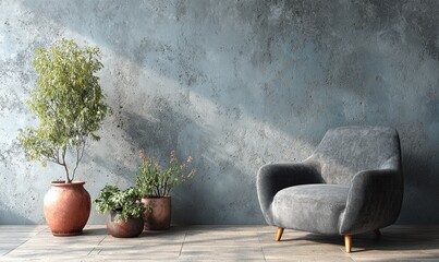 Rustic, modern interior with plants and chair