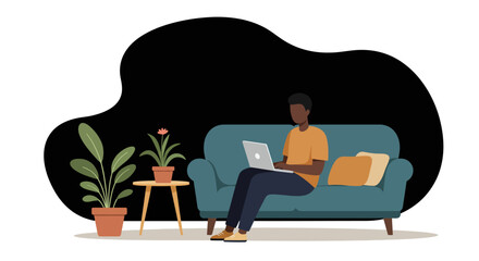 African American man comfortably working on laptop from his home sofa, with potted plants. Modern remote work, flexible lifestyle, and digital productivity concept.