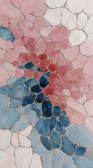 Abstract mosaic pattern of pink, blue, and white stones