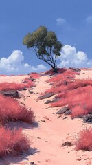 A solitary tree atop a sandy, pink-hued desert path