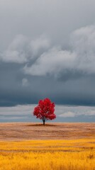 Red tree in a golden field under a stormy sky
