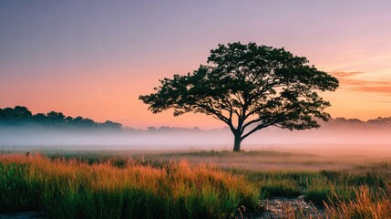 Misty sunrise, lone tree silhouette