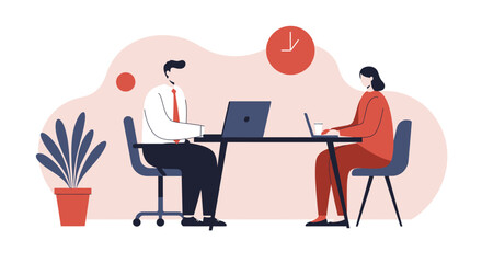 Two professionals working on laptops at a desk, representing productivity, teamwork, and modern business collaboration in an office environment.