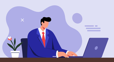 Professional businessman focused on work, typing on a laptop at a desk in a modern office. Ideal for concepts of productivity, remote work, and business technology.