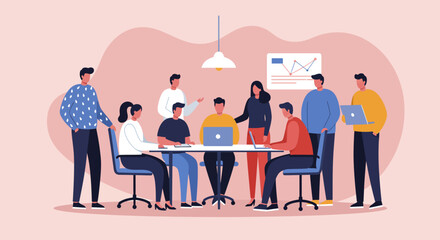 Diverse business team collaborating in a modern office meeting, discussing strategy and data for project success. Professional corporate teamwork.