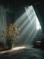 Sunbeams illuminate a dusty attic room, a potted plant with yellow flowers central