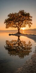 Golden tree reflected in tranquil water at sunrise