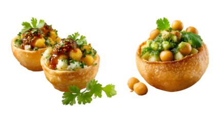Delicious Indian street food snacks crispy puris filled with chickpeas potatoes and chutneys