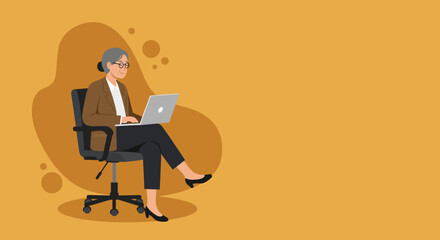 Experienced senior woman professionally engaged with a laptop on an office chair. Depicts digital literacy, remote work, lifelong learning, and active retirement.