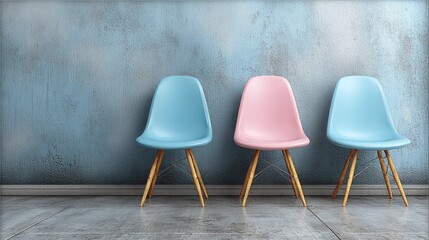Three pastel chairs against a textured wall