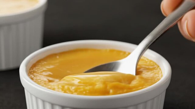 Creamy dessert being served from a white ramekin with a smooth texture on a dark background
