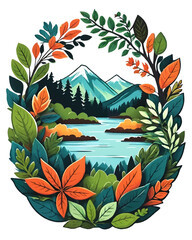 cartoon landscape mountains river leeafy wreath vector illustration
