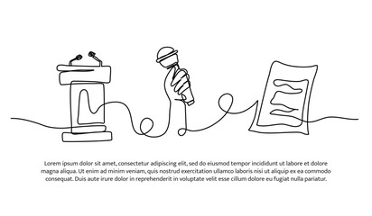 Continuous line design of reading information on the podium. Single line decorative element drawn on white.