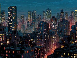 Night city skyline, illuminated buildings
