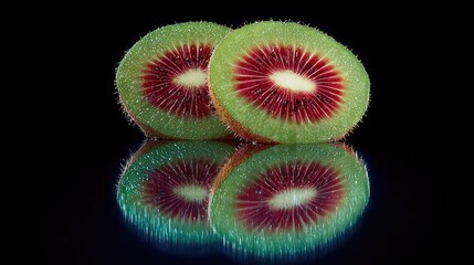 Two sliced red-inside kiwi halves, vibrant colors, reflected on dark surface