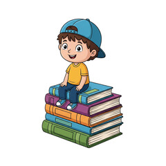 little boy  sitting on the book bundle cartoon illustration
