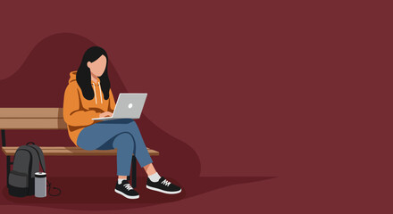 Casual young woman focused on her laptop while sitting on a bench with a backpack. Illustrates remote work, online learning, or mobile productivity.