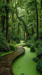 Lush green forest path winds through a swampy canal