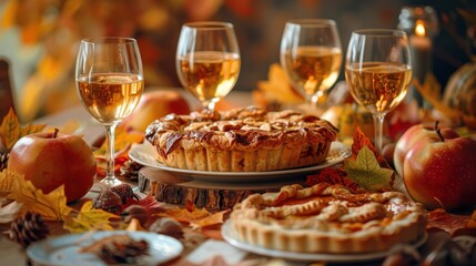 Autumn Harvest Table with Pies, Apples, and Wine Glasses