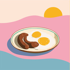Vector illustration of Italian Sausage on a plate with fried eggs for kitchen wall poster