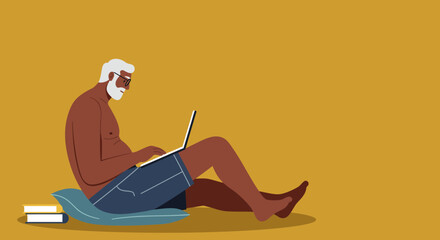 Older man with glasses sits casually, actively engaging with a laptop. Perfect for themes of remote work, online learning, or senior lifestyle.