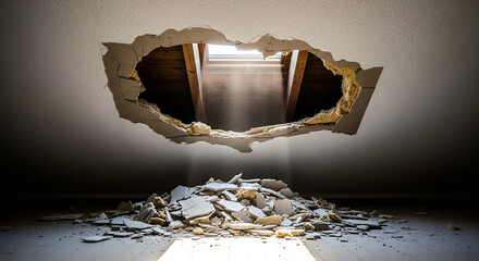 A hole in the ceiling reveals wooden beams and light, with debris scattered below.